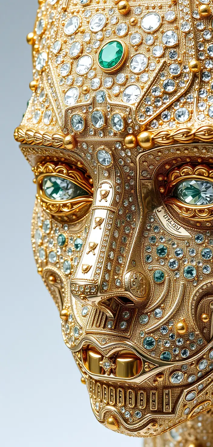 Luxurious jeweled human face sculpture in gleaming gold