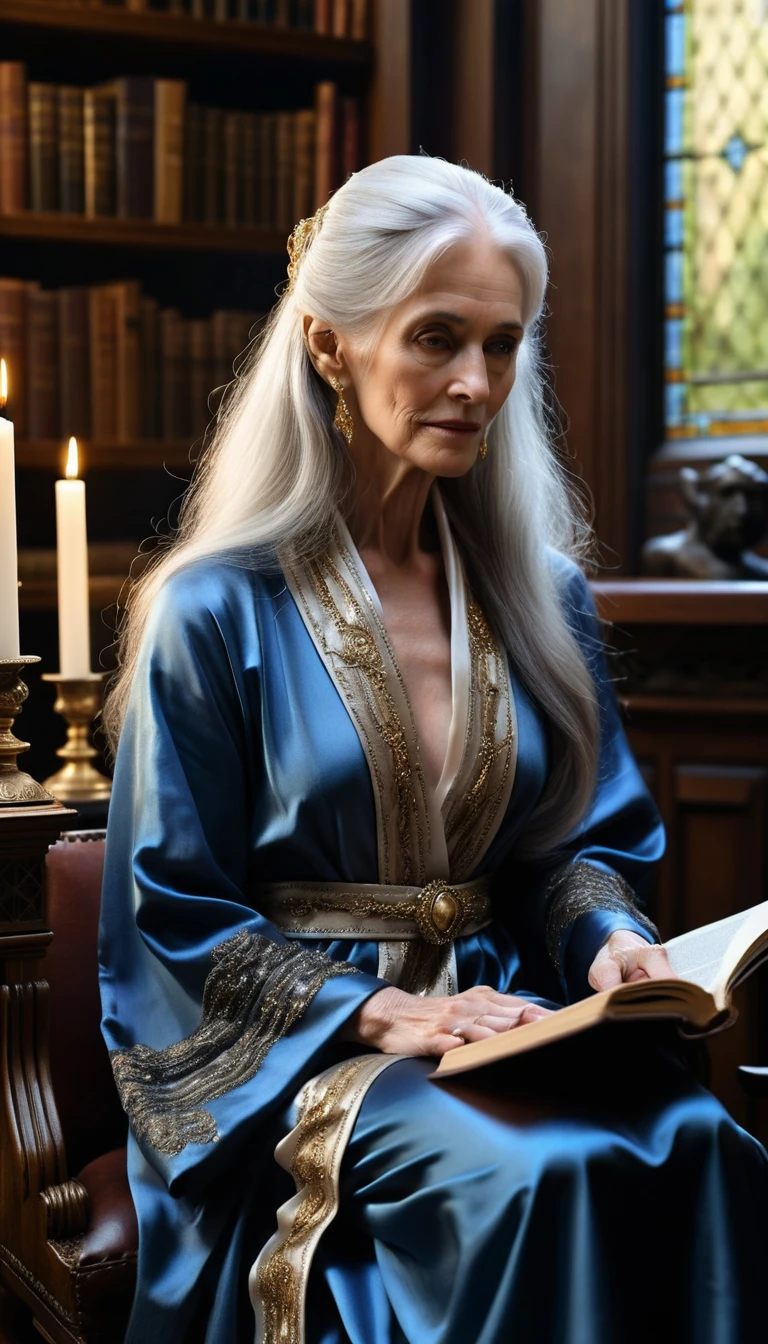 Mulher mais velha elegante em biblioteca iluminada por velas