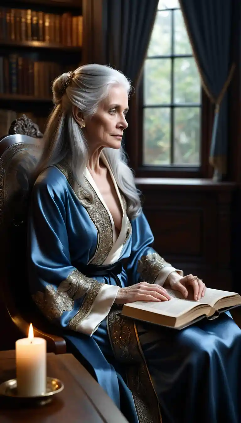 Elegant older woman in candlelit library interior
