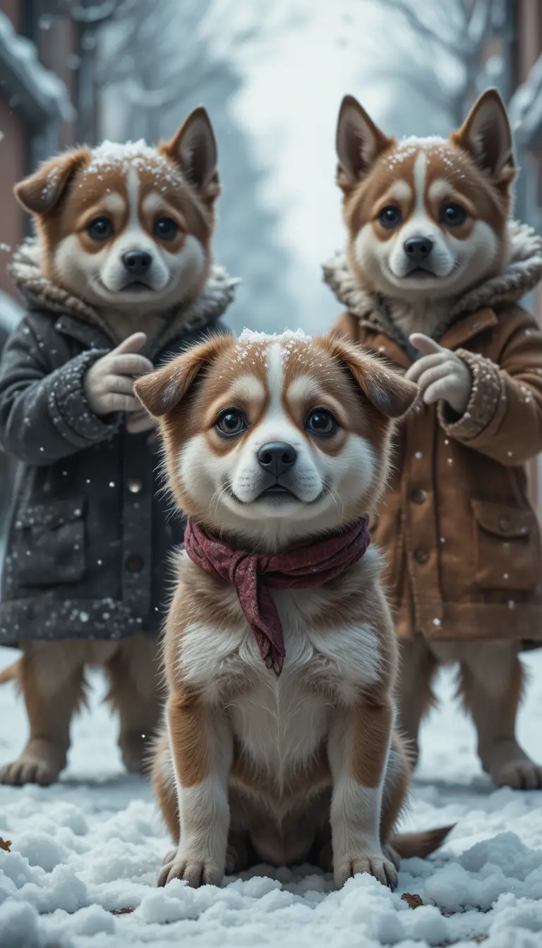 Chiot anthropomorphe harcelé dans une rue enneigée en hiver
