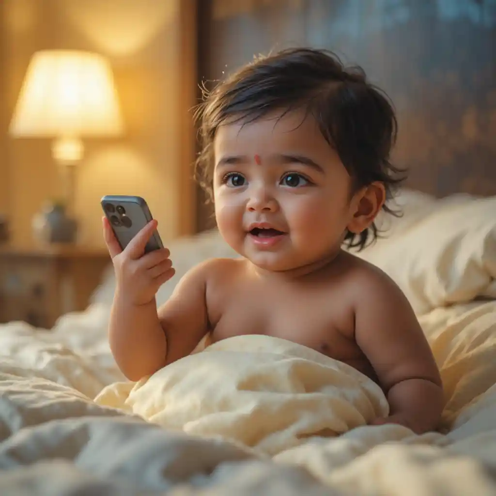 Bebê fofo na cama falando bravo ao celular