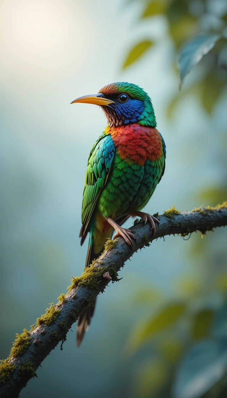Uccellino canoro colorato su un ramo muschioso all’alba