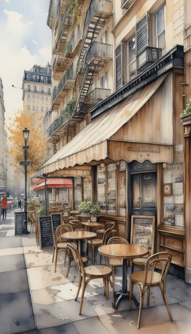 Ilustração em aquarela e tinta de café de rua em Paris