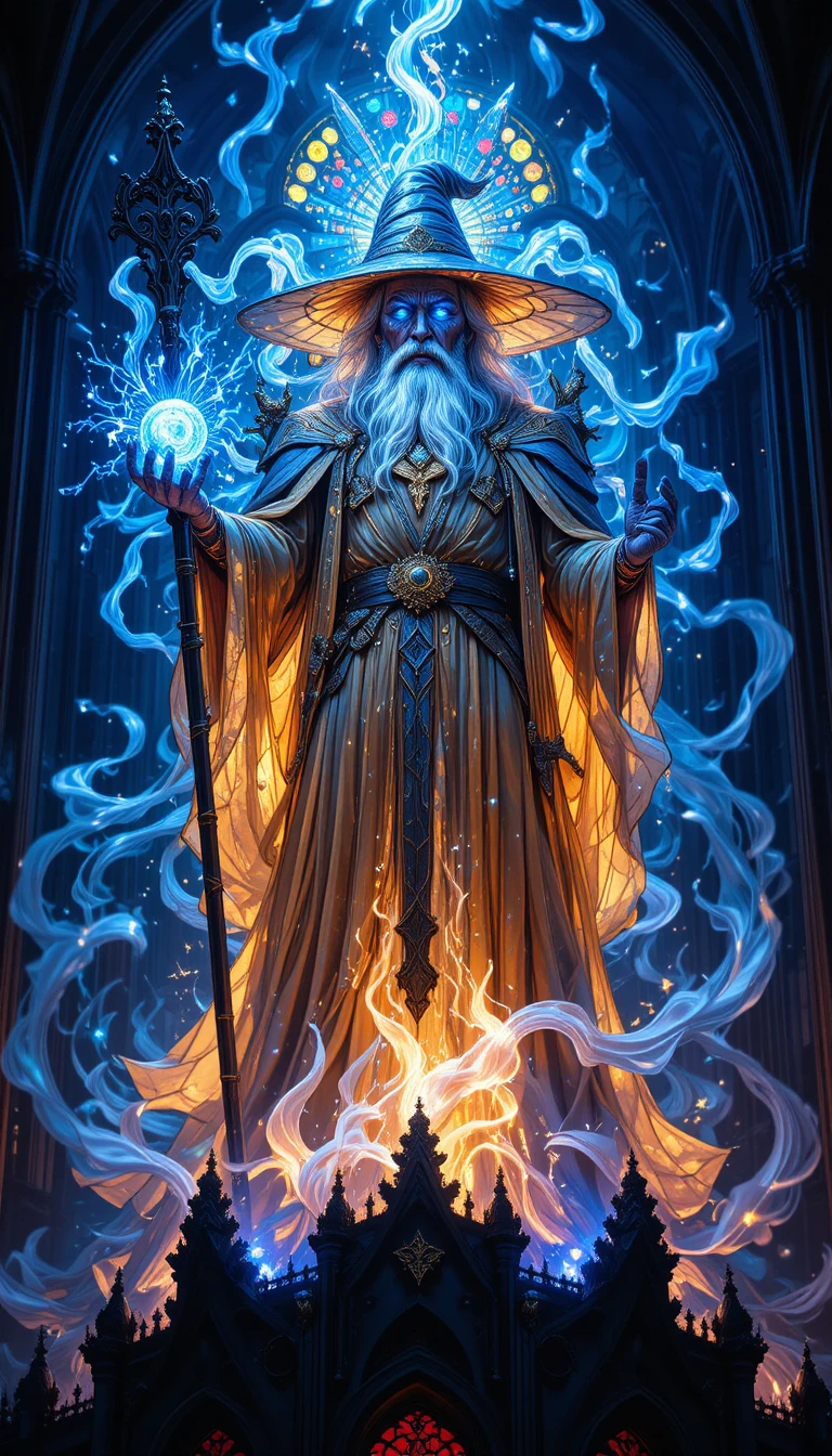 Mago em vitral no topo de uma imponente catedral gótica