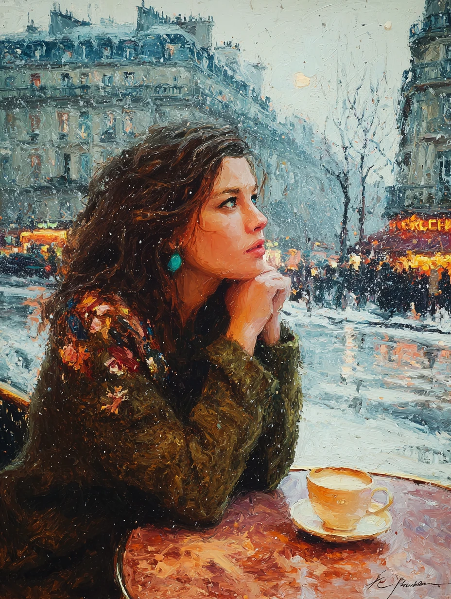 Giovane donna pensierosa in un caffè parigino innevato – dipinto