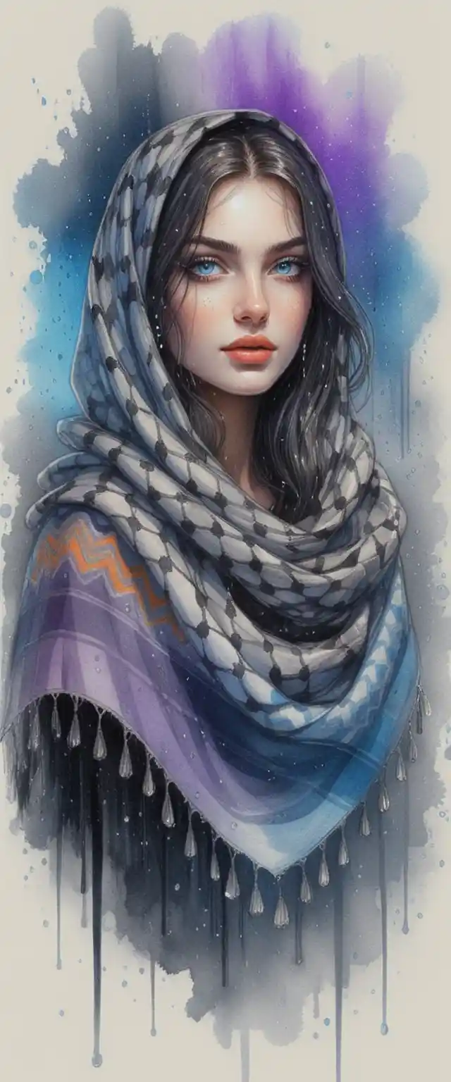 Young woman in keffiyeh looking up through colorful rain