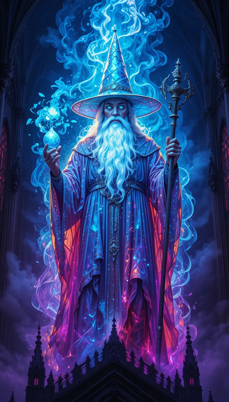 Mago em vitral no topo de uma catedral gótica