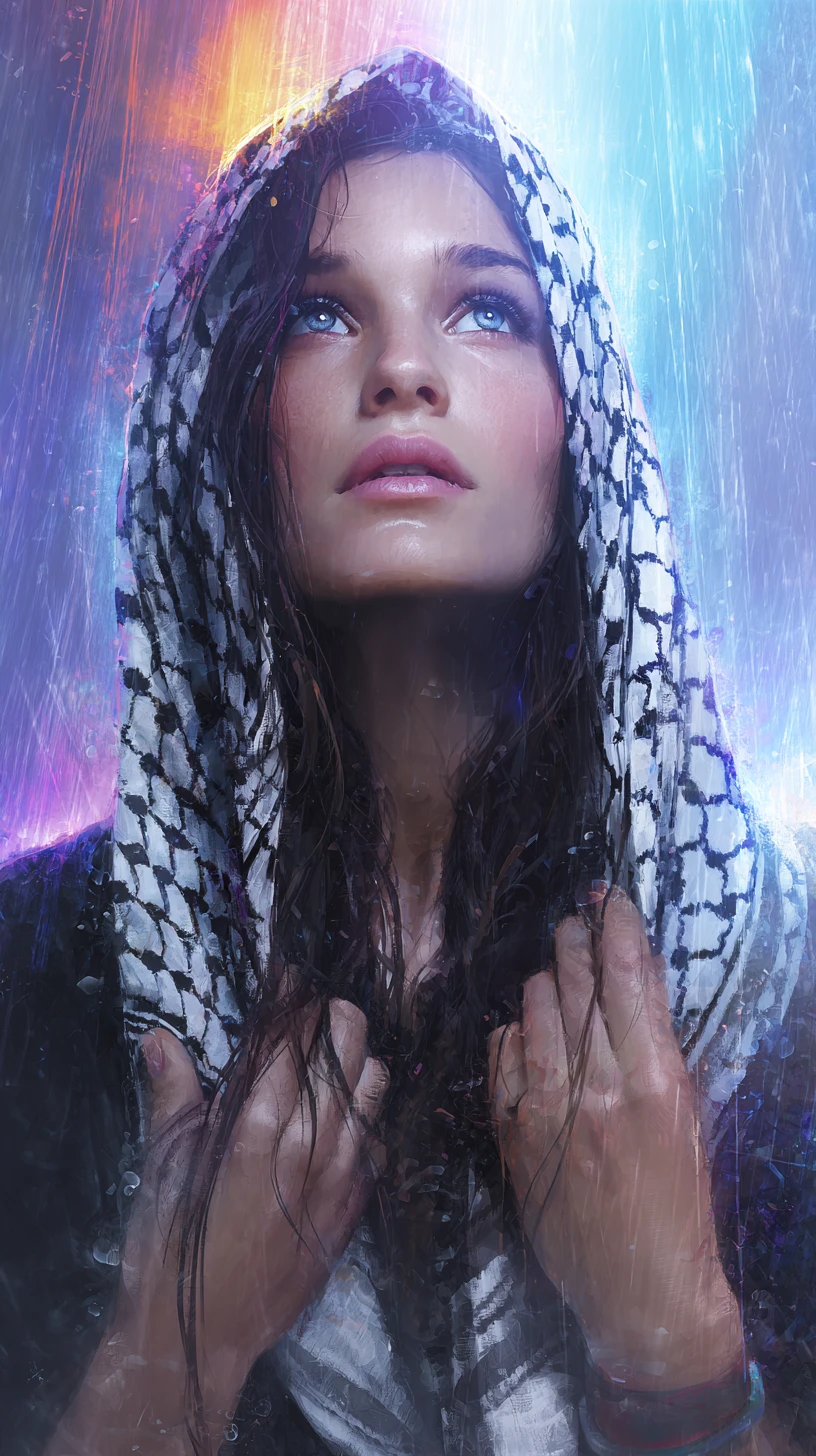 Young woman in keffiyeh gazing upward in colorful rain