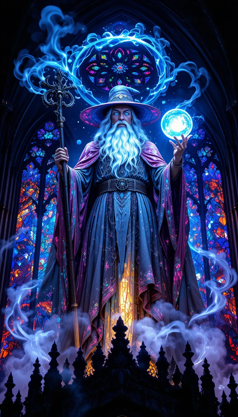 Mago de vitral no topo de uma catedral gótica à noite