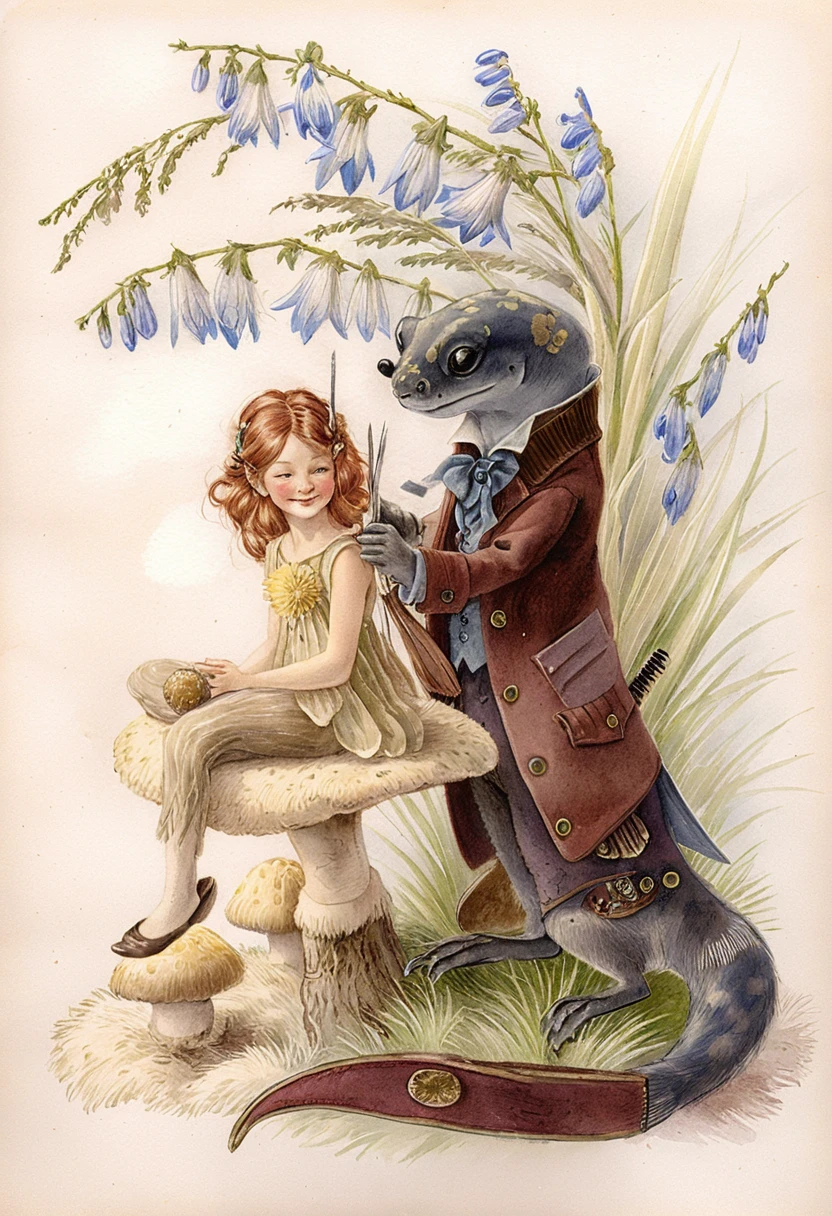 Watercolor fairy haircut on a mushroom in enchanted woods