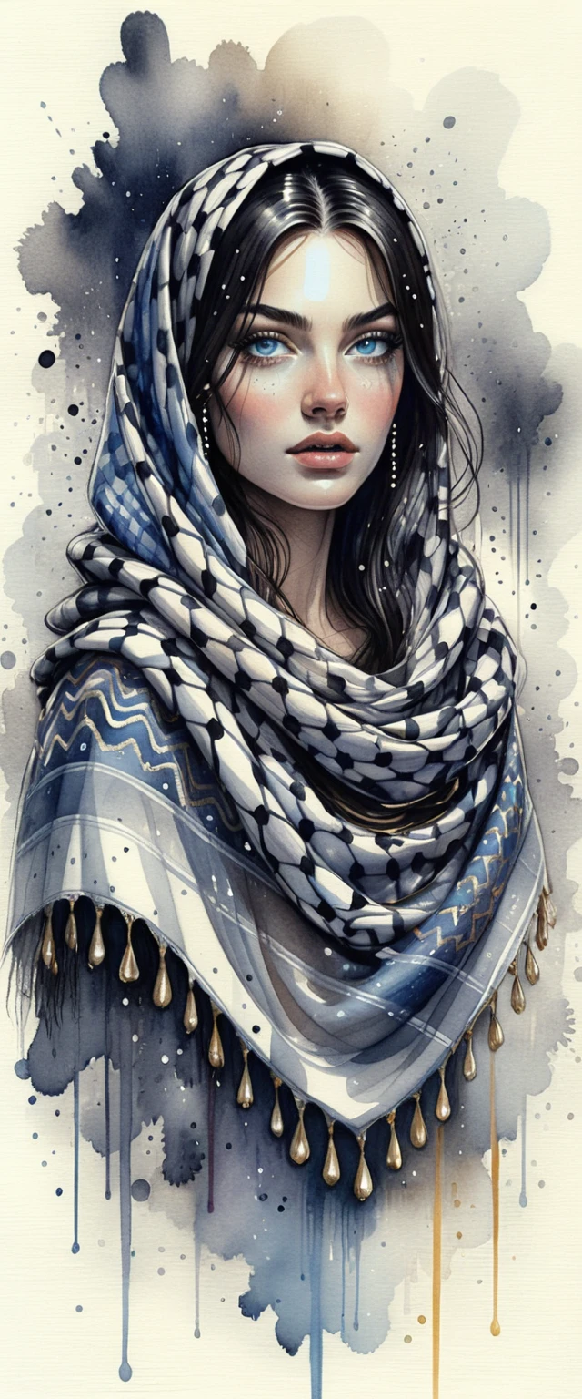 Young woman in keffiyeh looking up through colorful rain