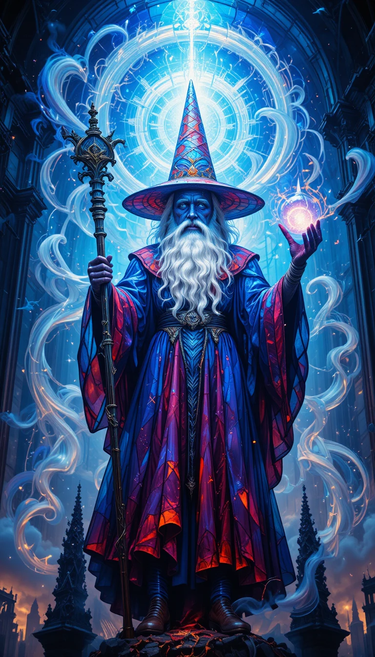Mago em vitral no topo de uma imponente catedral gótica