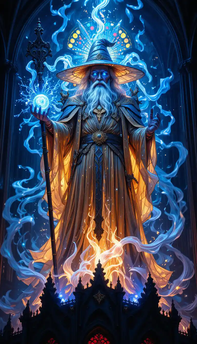 Mago em vitral no topo de uma imponente catedral gótica