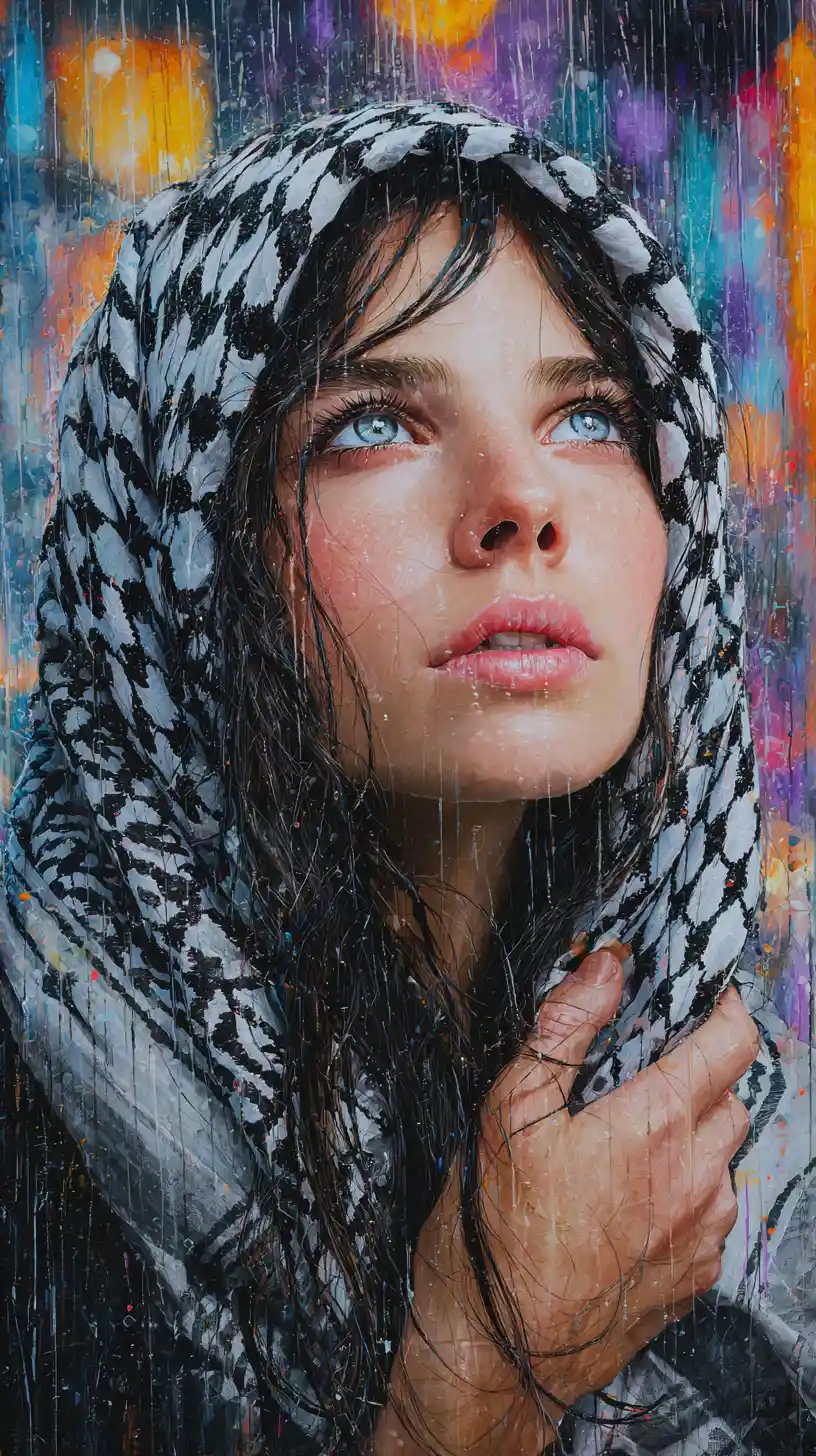 Young woman in keffiyeh under colorful rain lights