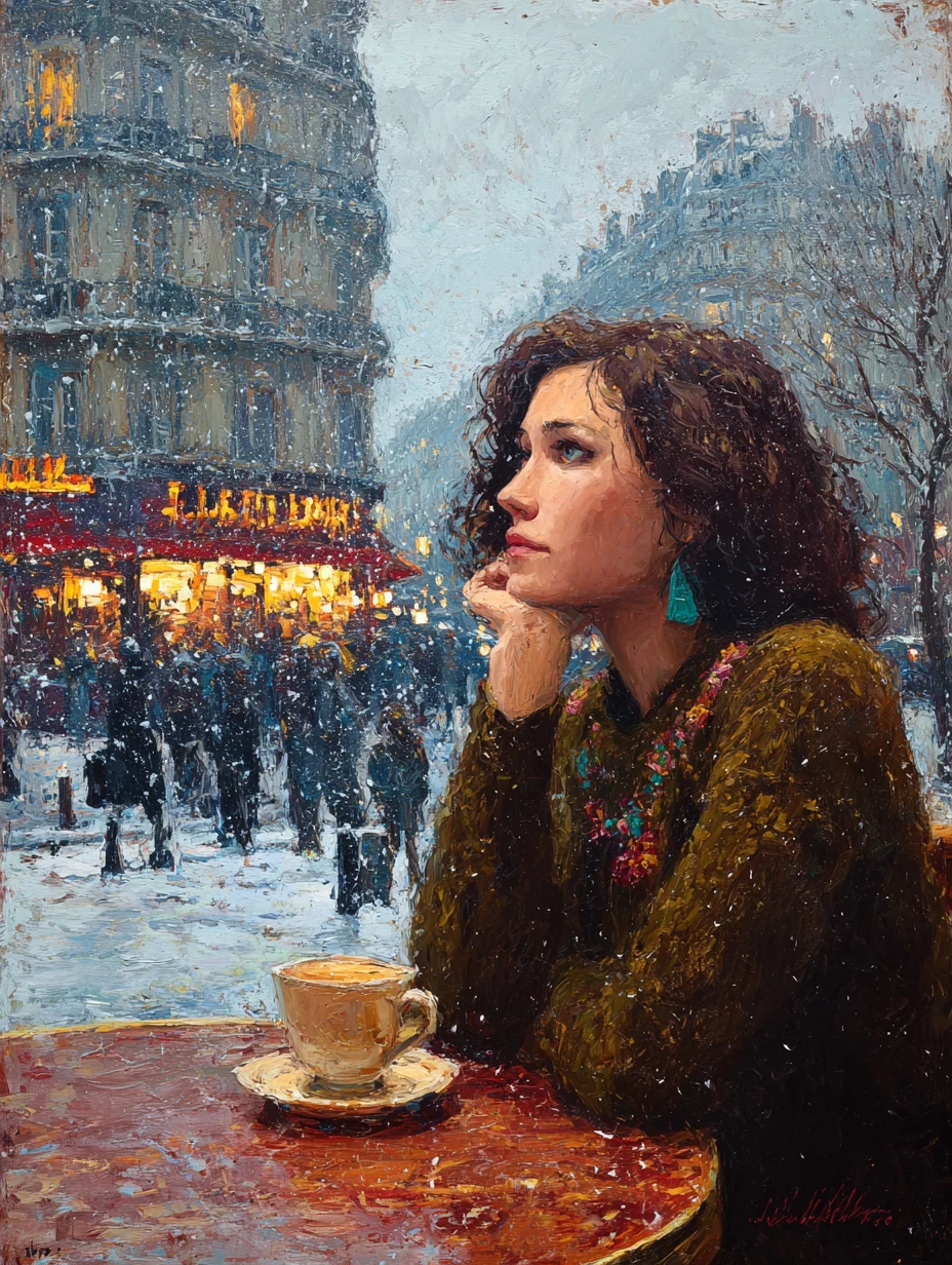 Joven pensativa en un café parisino nevado – pintura