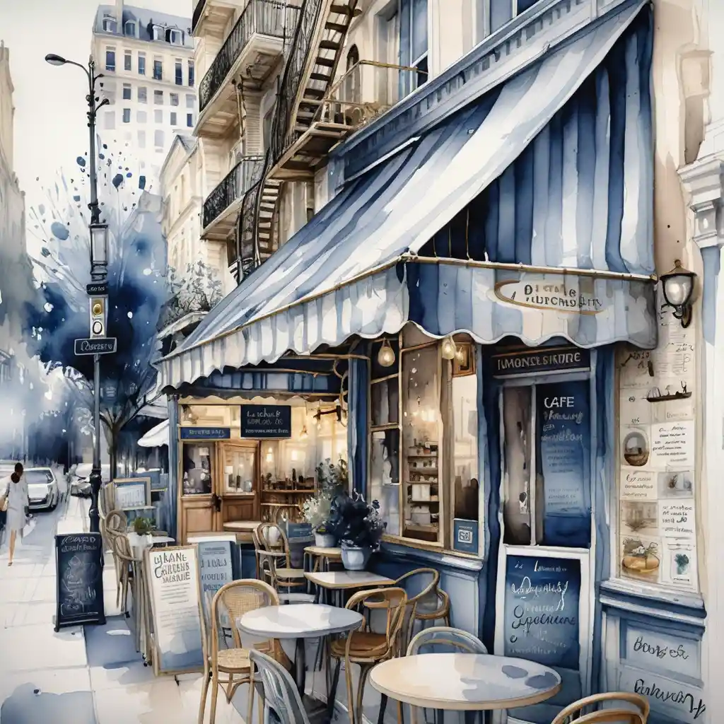 Cafê de rua em Paris com ilustração arquitetônica detalhada