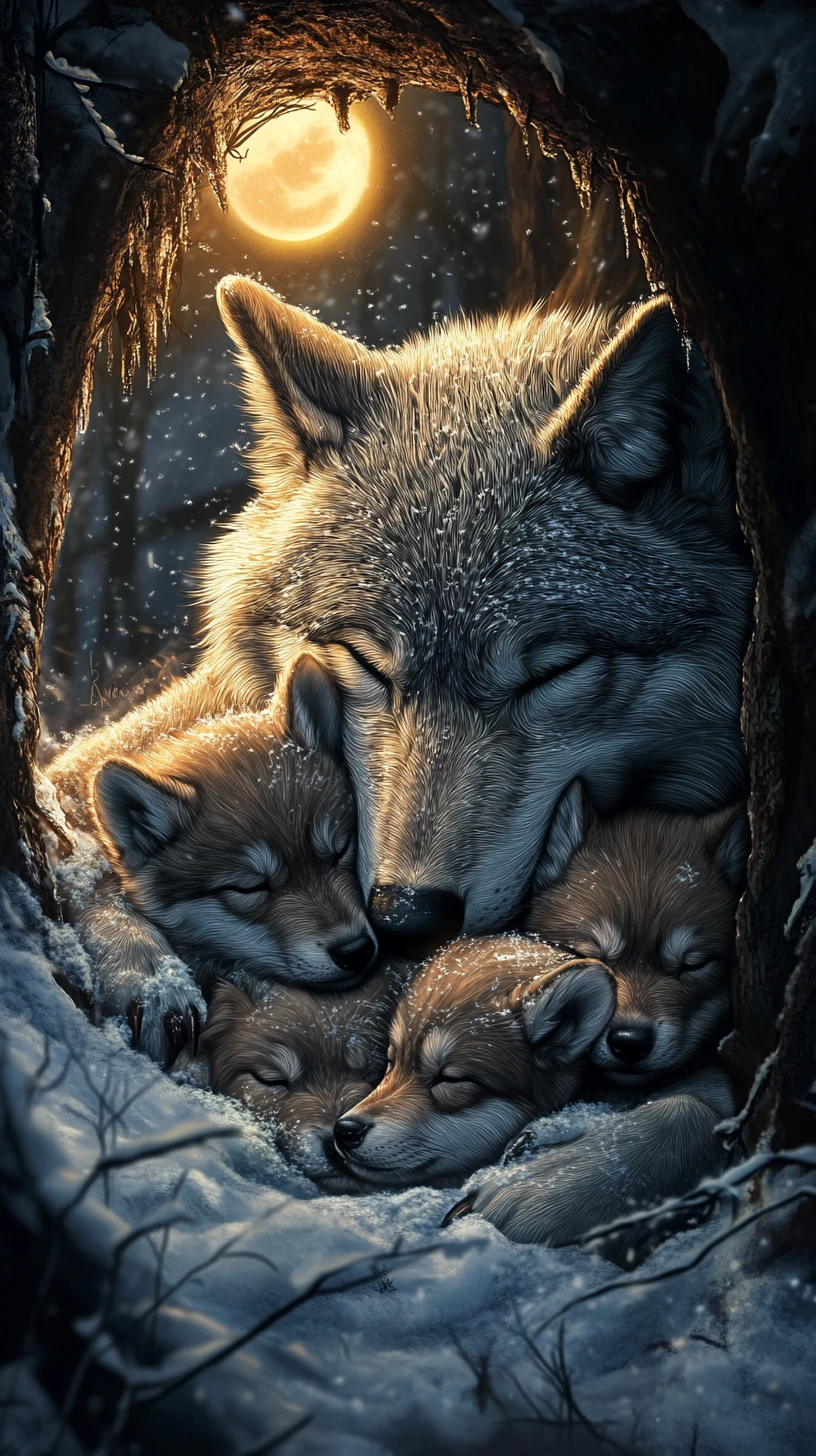 Família de lobos dormindo aninhada em uma caverna de inverno ao luar