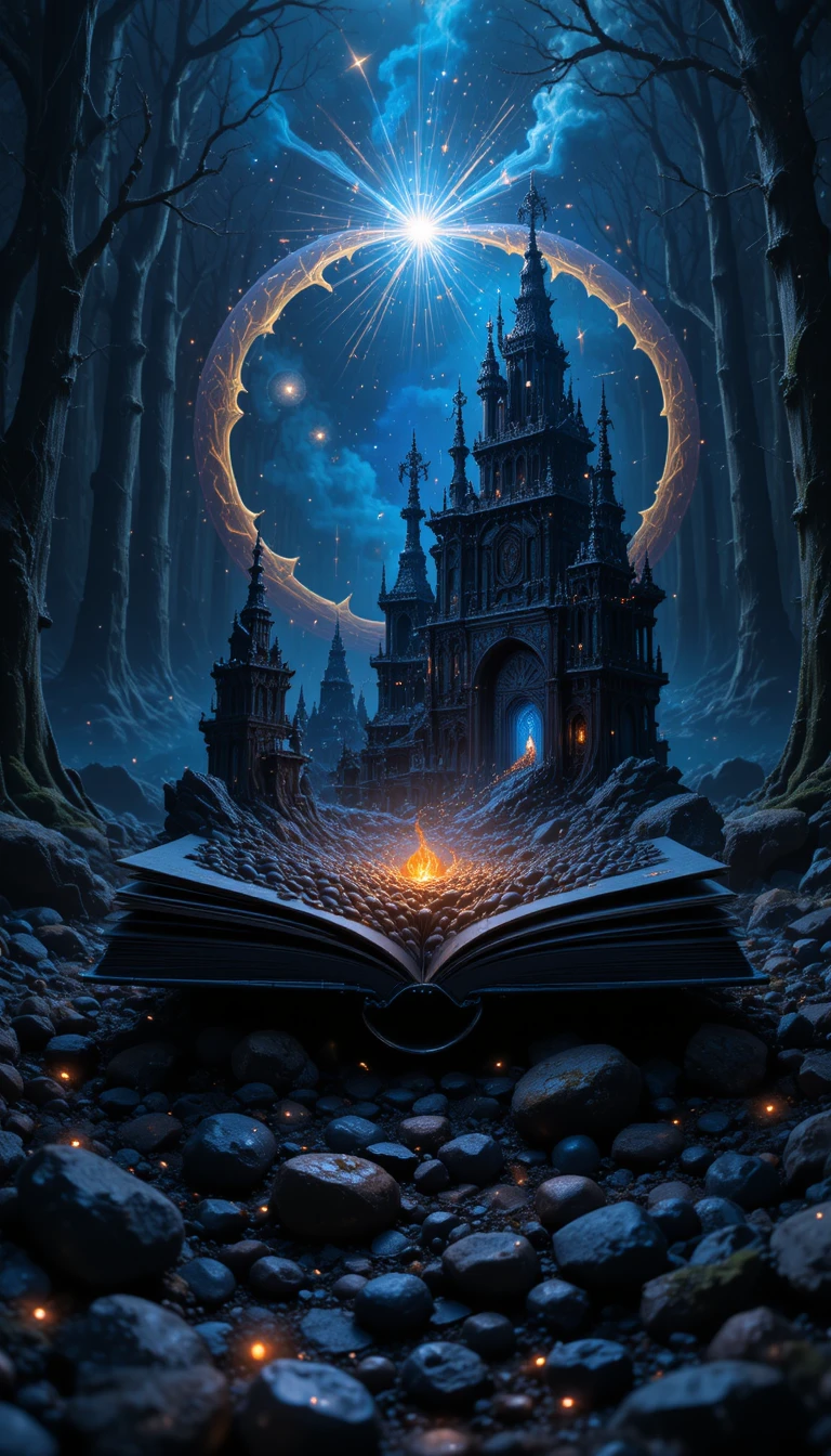Libro surreale luminoso in uno spazio boschivo scuro e astratto