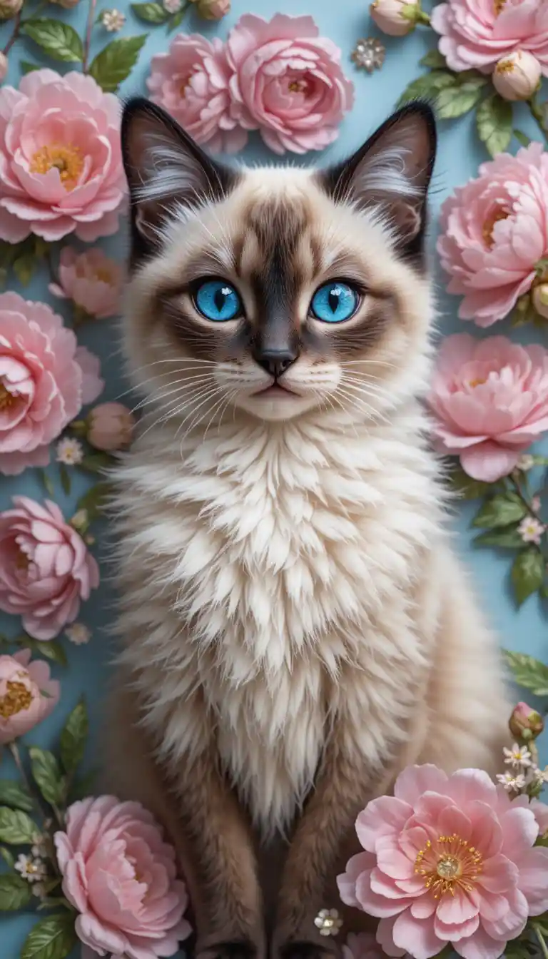 Gato siamês bordado com peônias rosas e fundo em tons pastéis