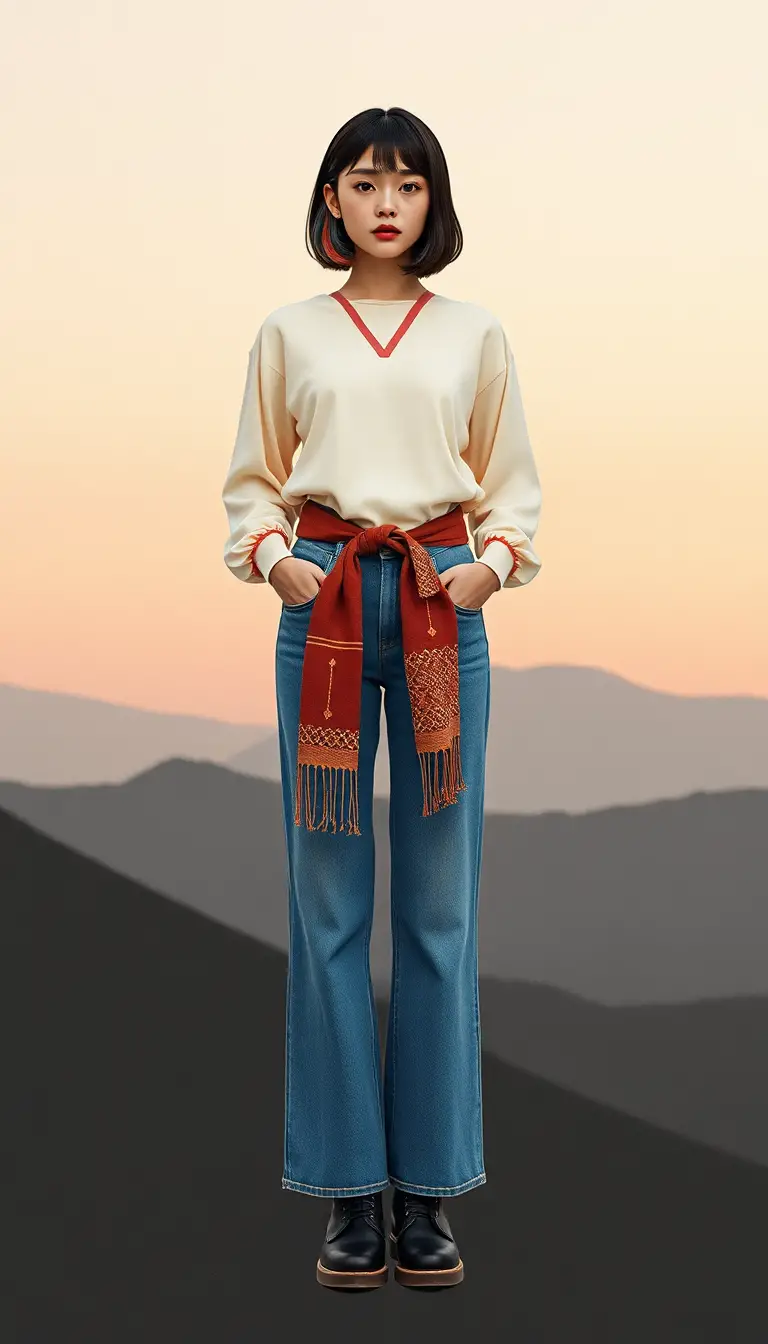 Moderne Hanbok-Modefrau in surrealer, traumhafter Landschaft