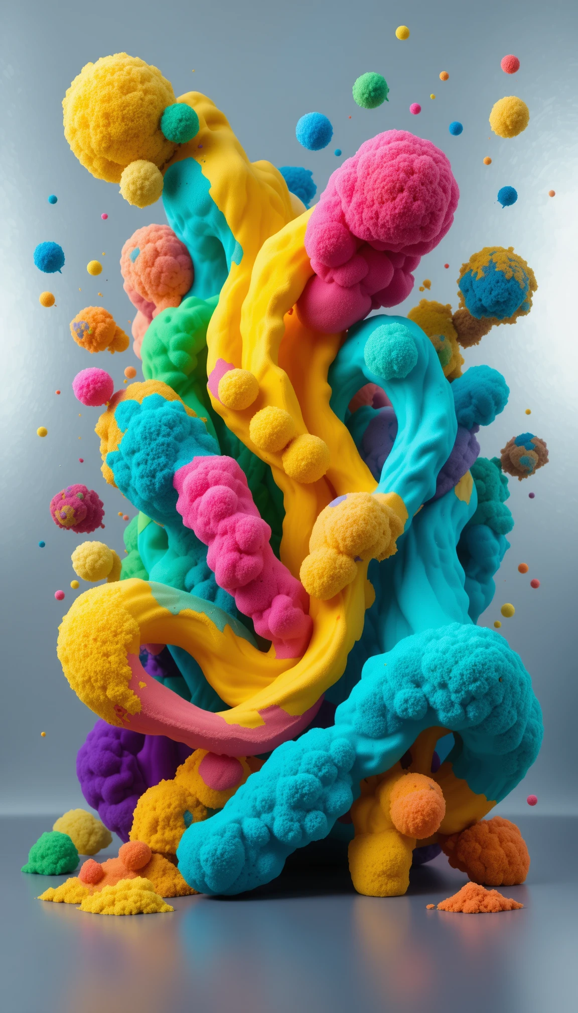 Formas 3D orgánicas y coloridas en un espacio plateado minimalista