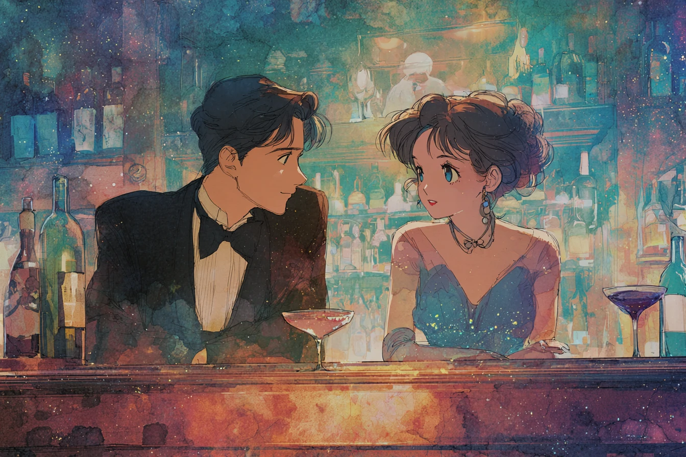 Casal de anime trocando o primeiro olhar em um bar