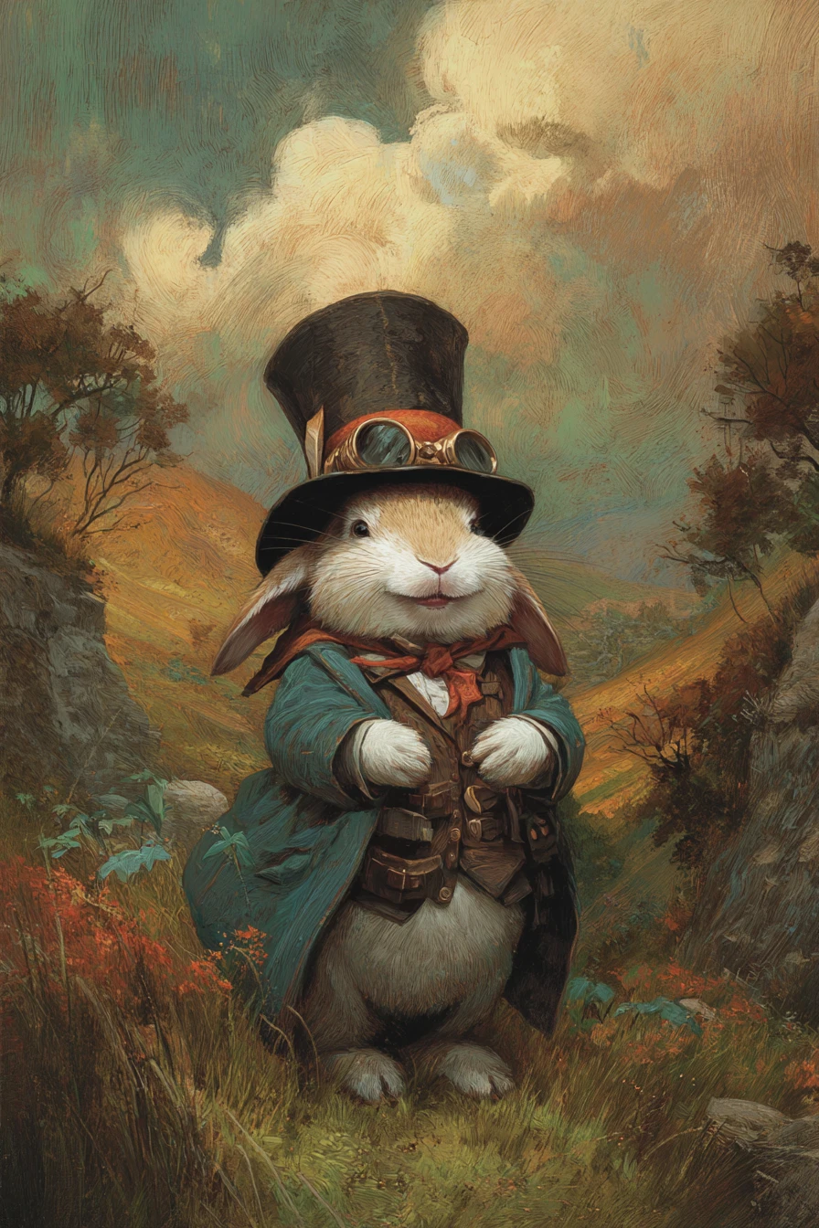Retrato de coelho steampunk feliz em uma paisagem de fantasia