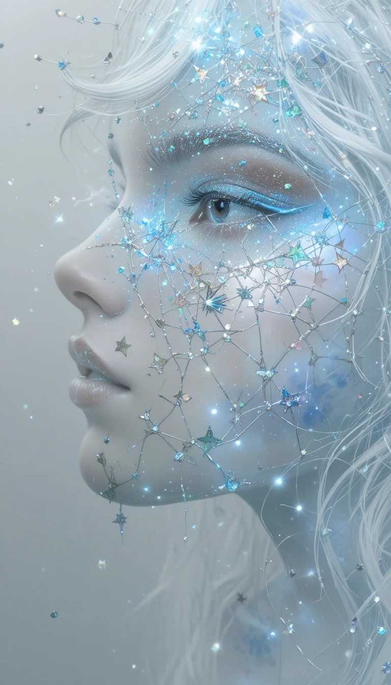 Neon close up girl portrait with crystal blue space background