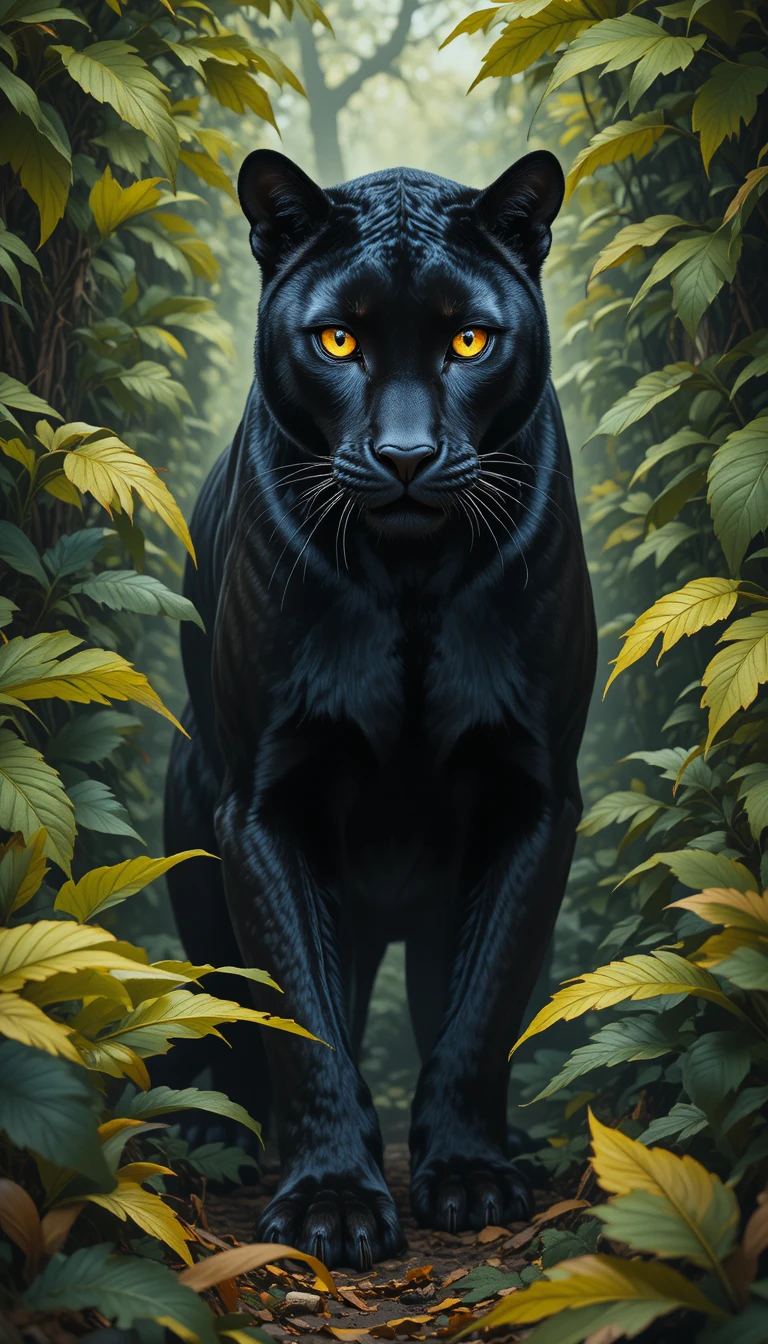 Pantera negra com olhos dourados em uma selva exuberante
