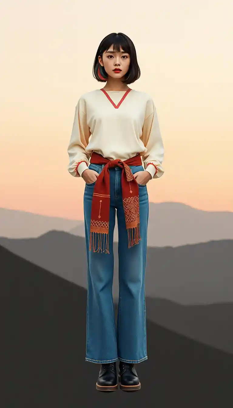 Donna con hanbok moderno in un paesaggio surreale e da sogno