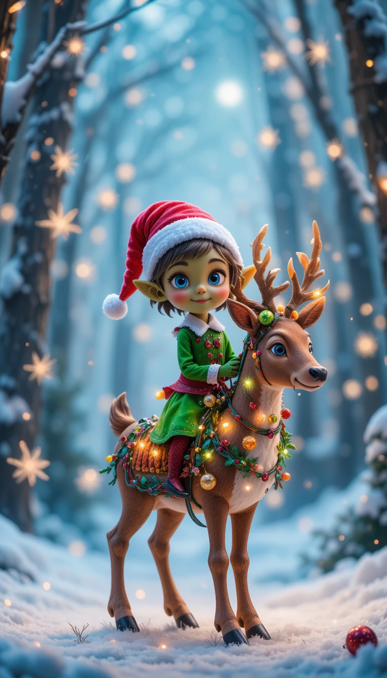Green elf riding a reindeer in a magical snowy forest