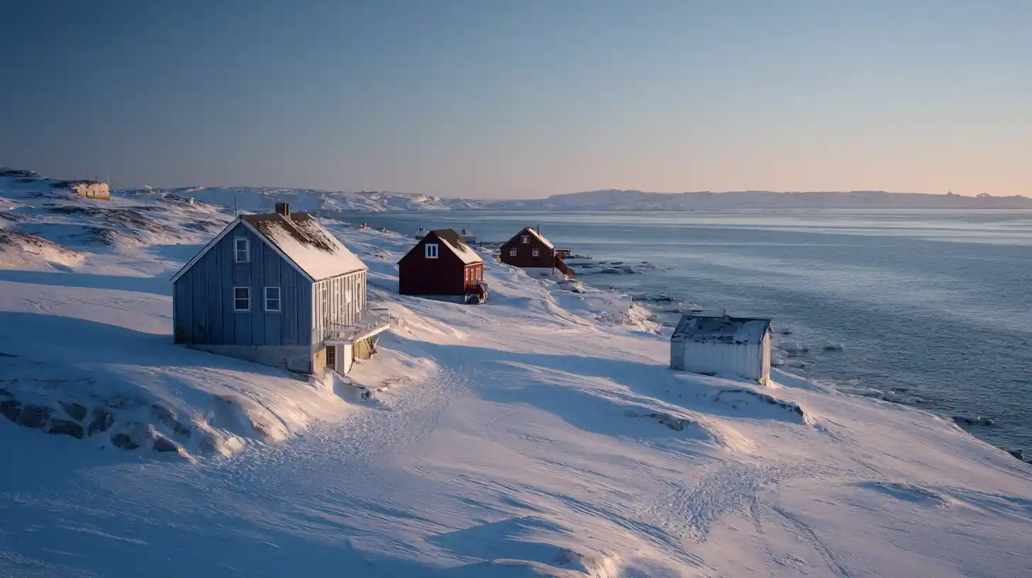 Case costiere sparse su una luminosa costa invernale della Groenlandia