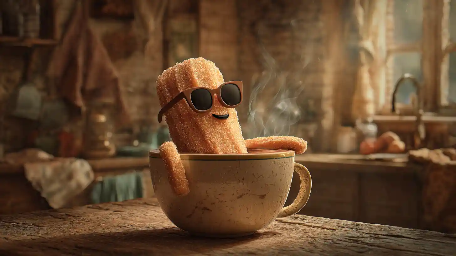 Cooler Churro entspannt in einer Tasse heißer Schokolade