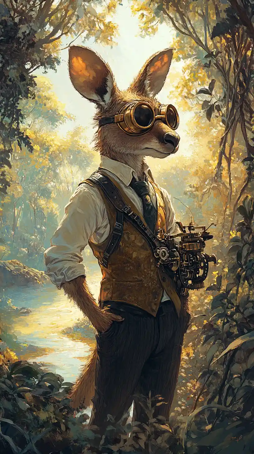 Steampunk-Känguru studiert Uhrwerk im sonnigen Buschland