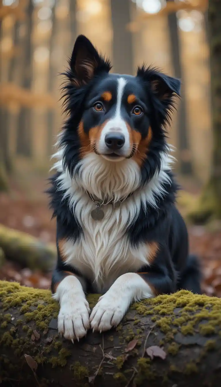 Border collie curioso descansando em um tronco coberto de musgo na floresta