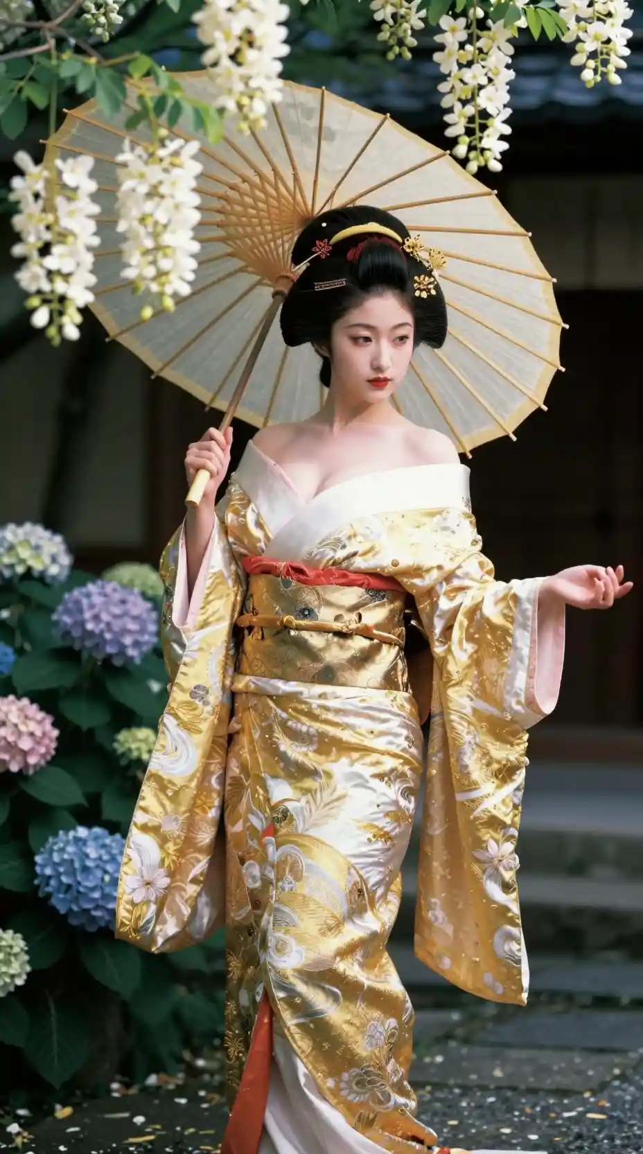 Japanese geisha with umbrella in golden floral garden