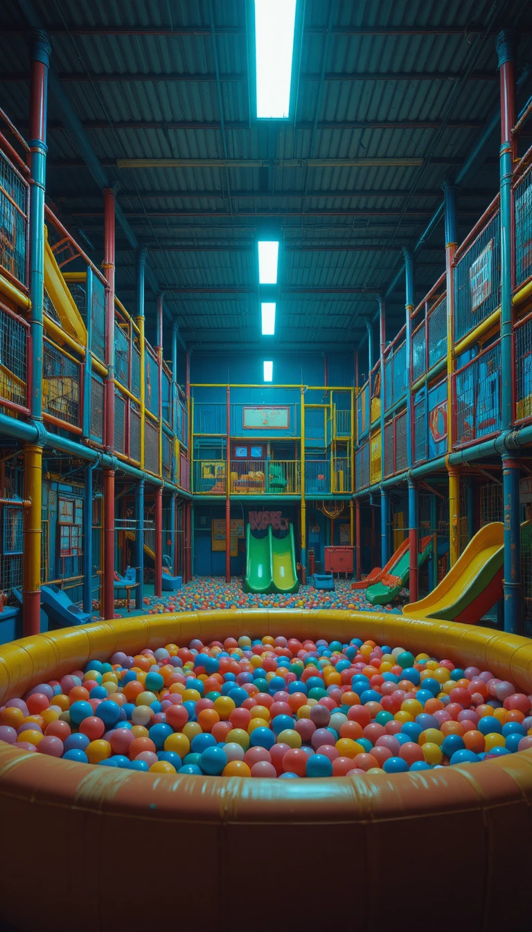 Parco giochi al coperto vuoto con strutture colorate e vasca di palline