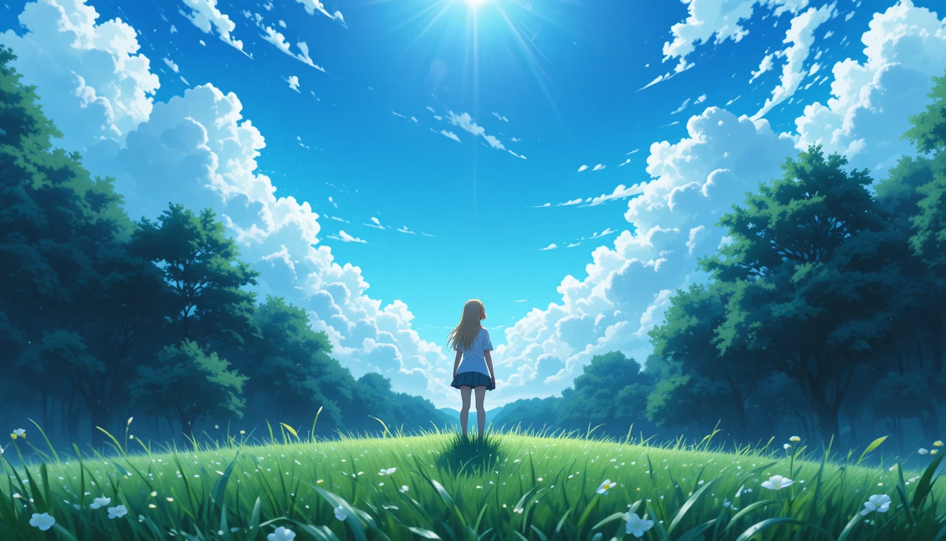 Ragazza anime in piedi sull’erba che guarda il cielo stellato