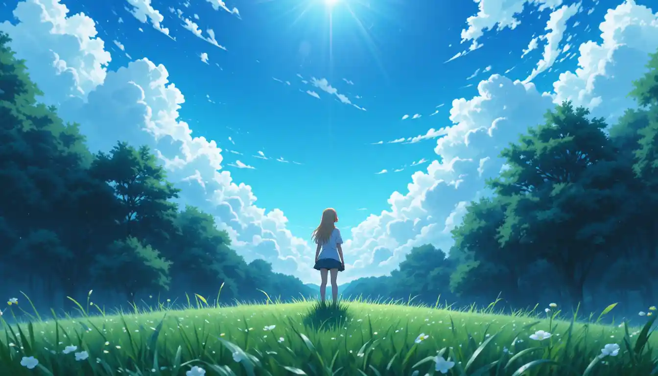 Anime girl standing on grass and gazing up at starry sky