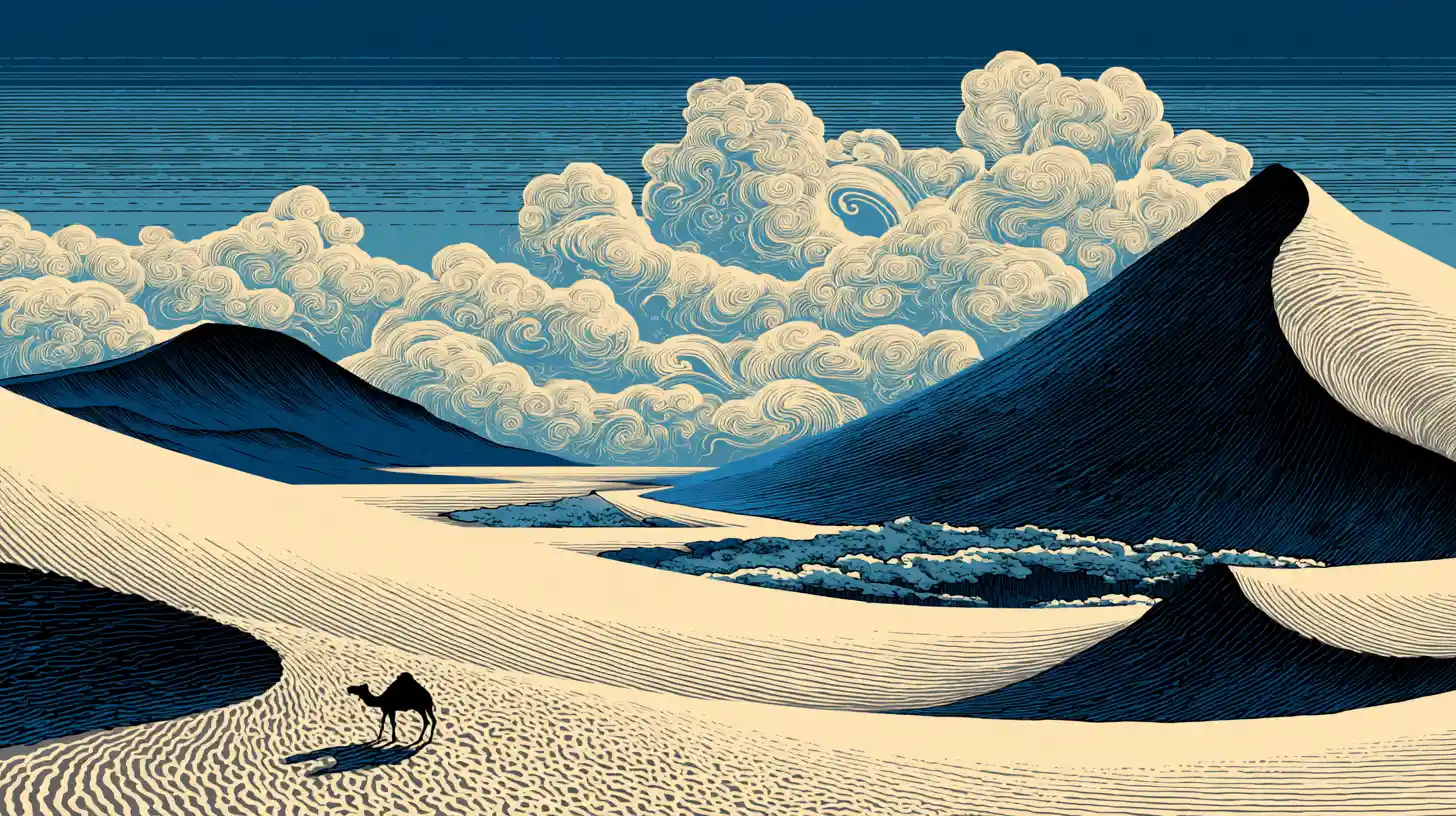 Paesaggio desertico Ukiyo-e con oasi e cammello