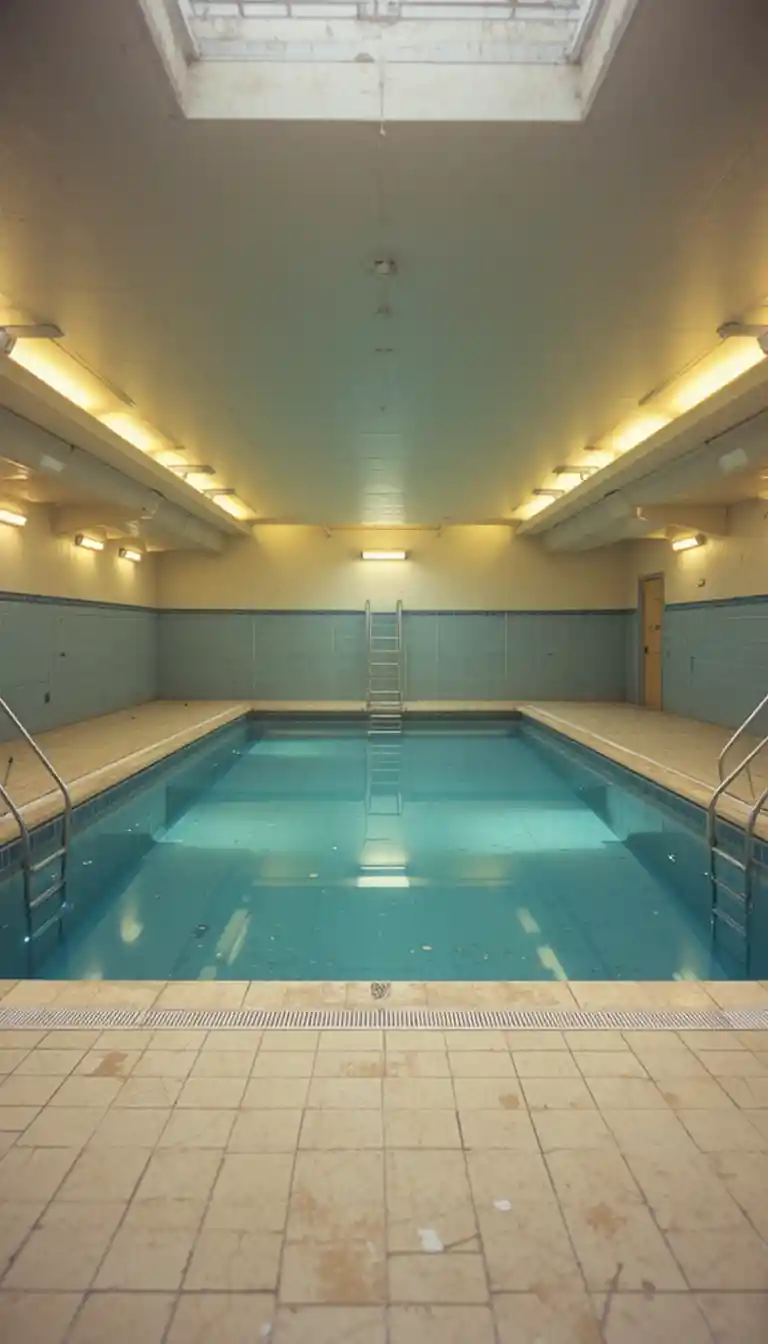 Empty indoor swimming pool with ladders and pale blue tiles