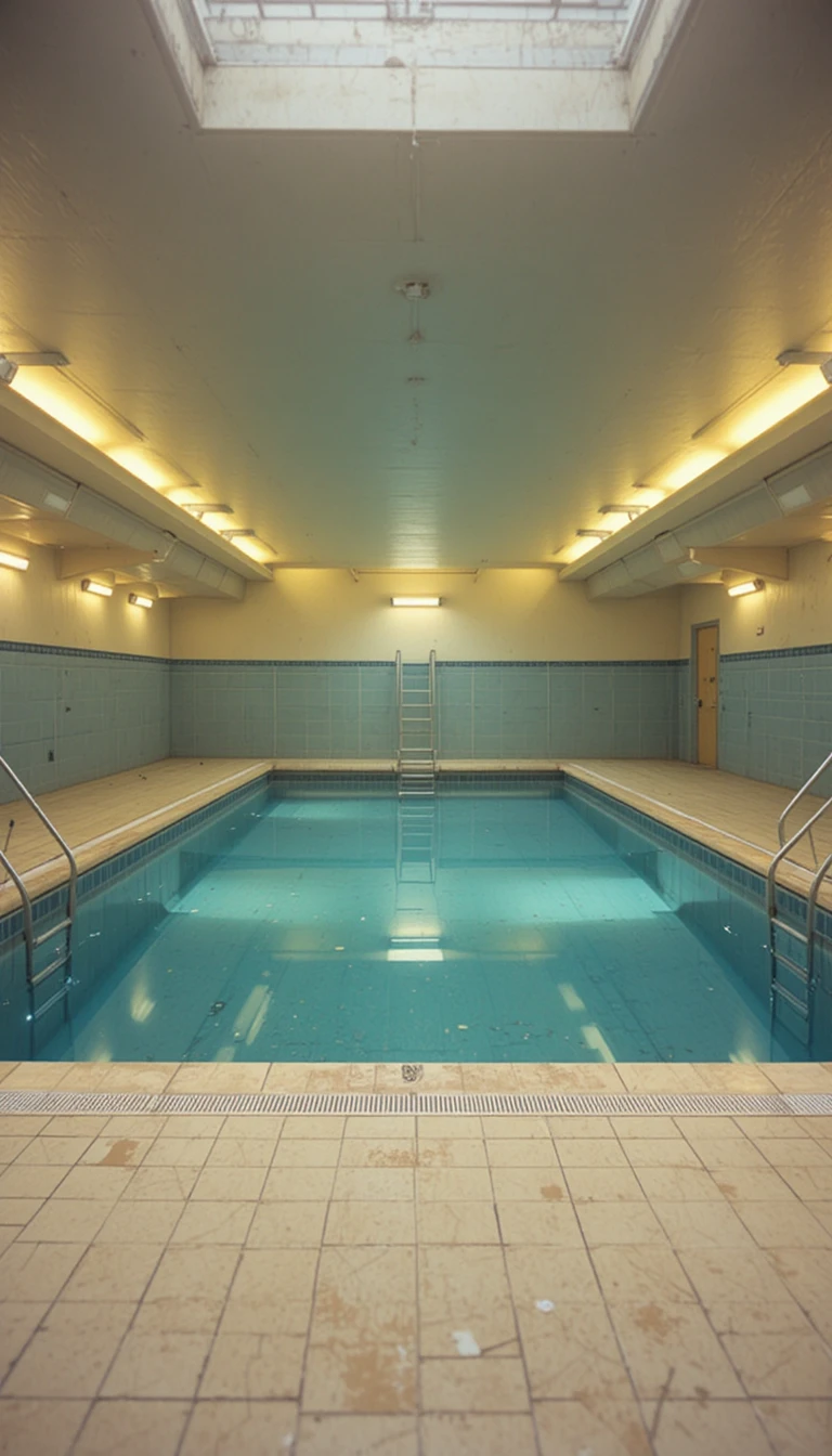 Empty indoor swimming pool with ladders and pale blue tiles