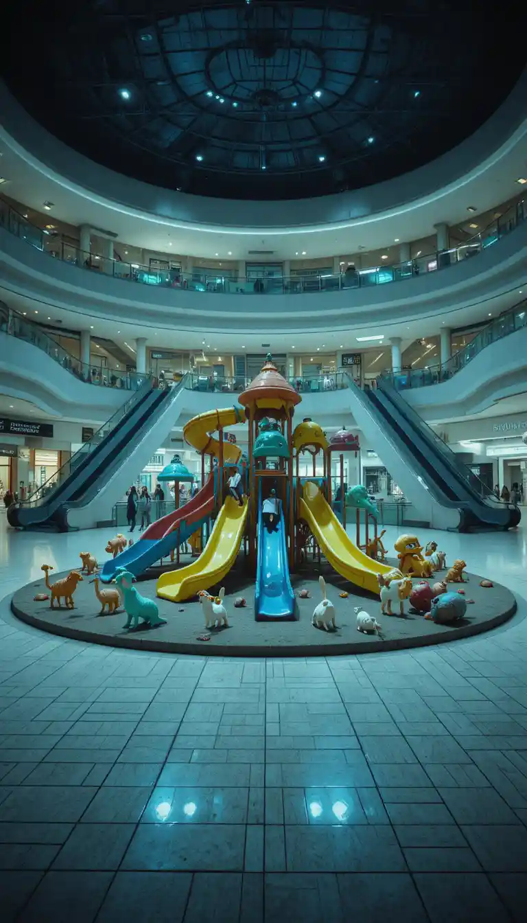 Parque infantil vazio em shopping indoor com escorregadores à noite