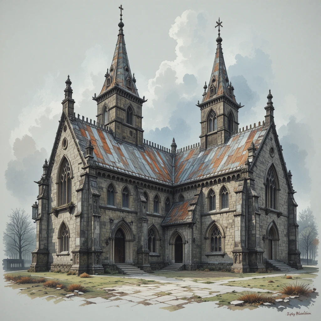 Architettura di chiesa celtica medievale in una cupa pittura mixed media