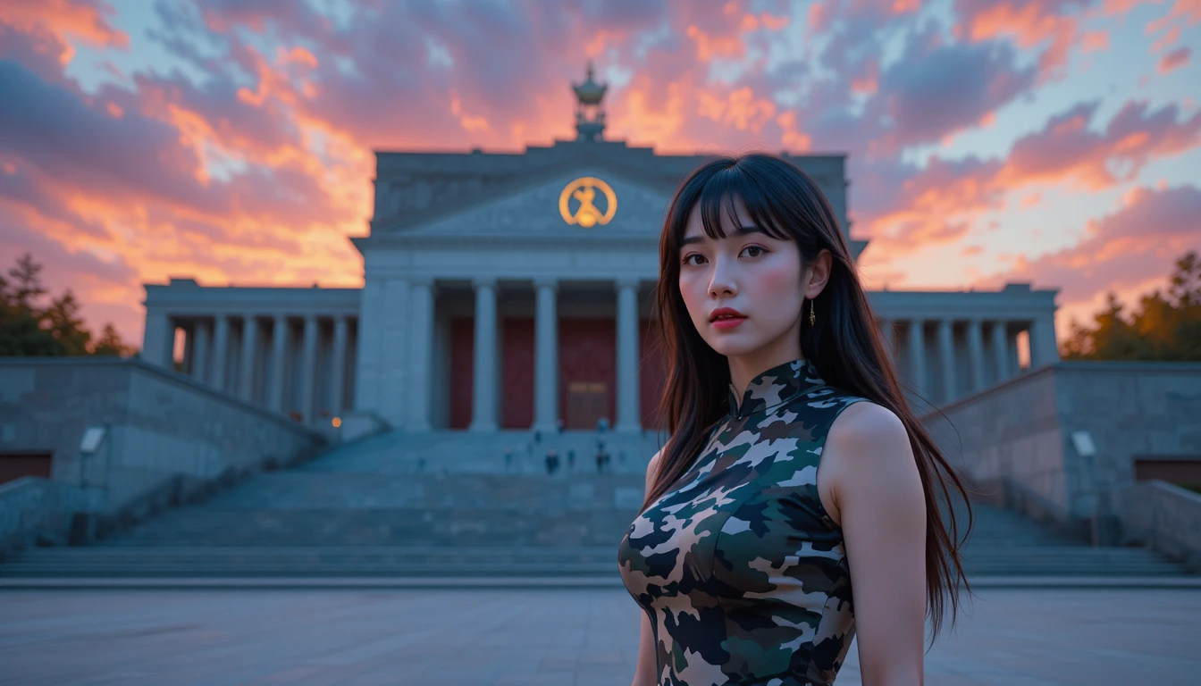夕陽下布魯塔利主義紀念碑前的旗袍亞洲女子
