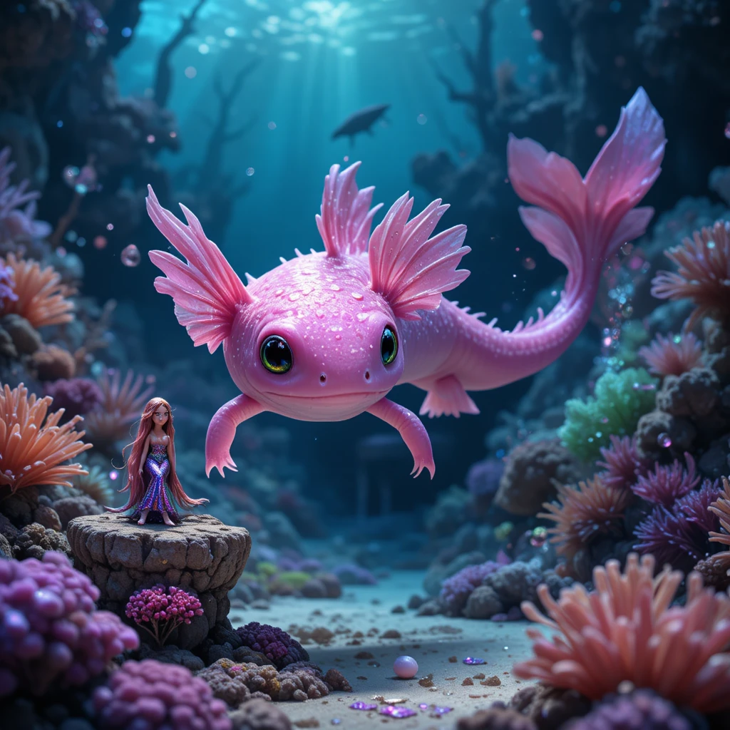 Axolote rosa explorando um mundo subaquático de sonho