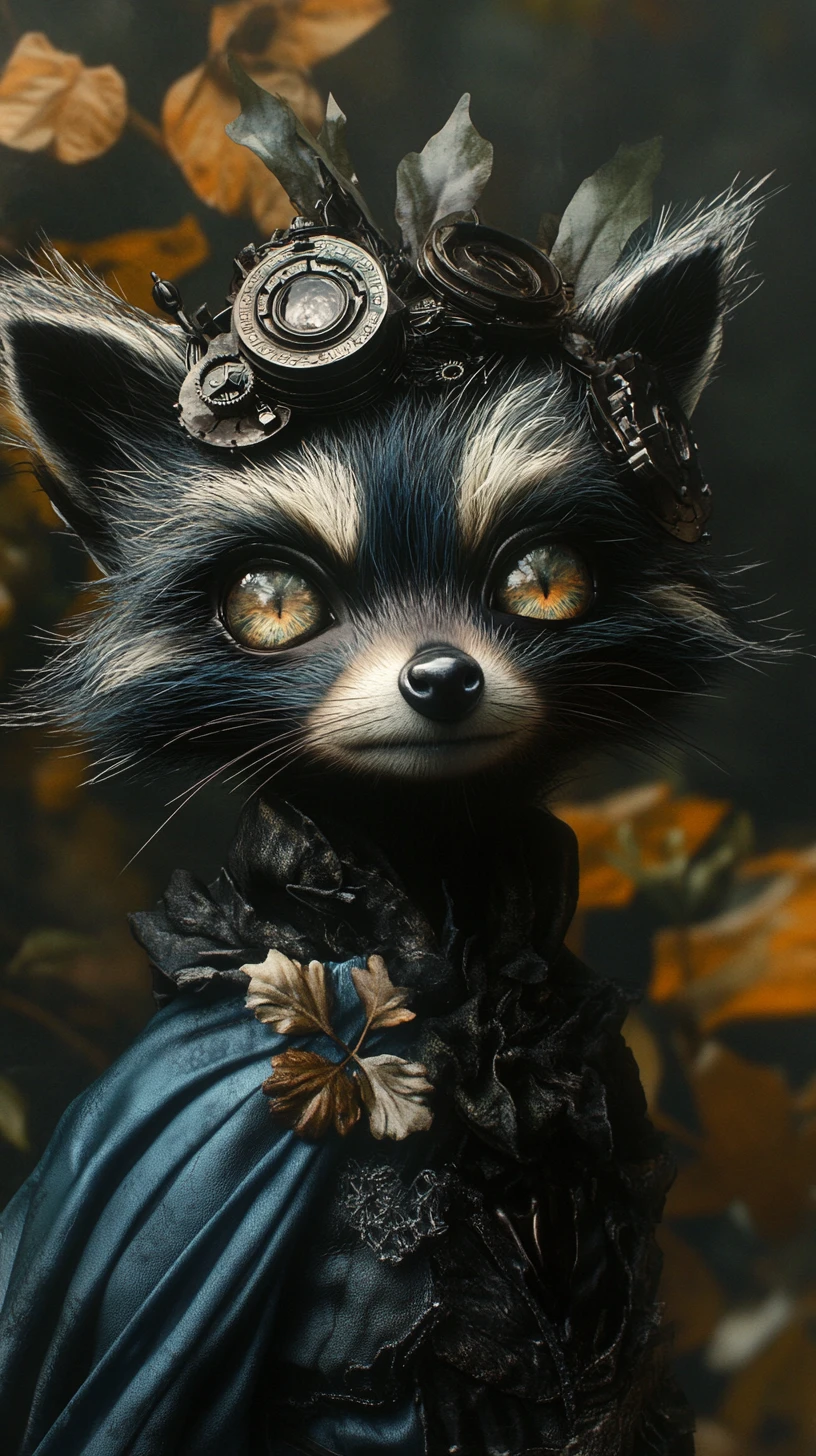 Figura surreal de guaxinim em uma floresta sombria e encantada