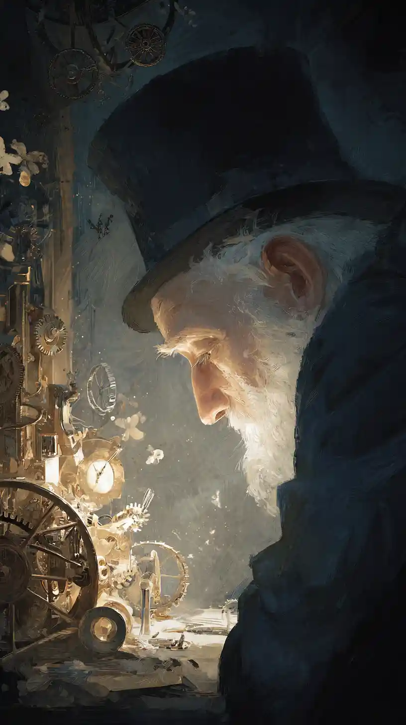 Alter Mann mit Steampunk-Hut studiert Uhrwerk in Werkstatt