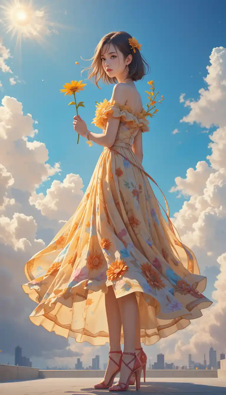Anime girl in dress holding sunflower against cloudy skyline