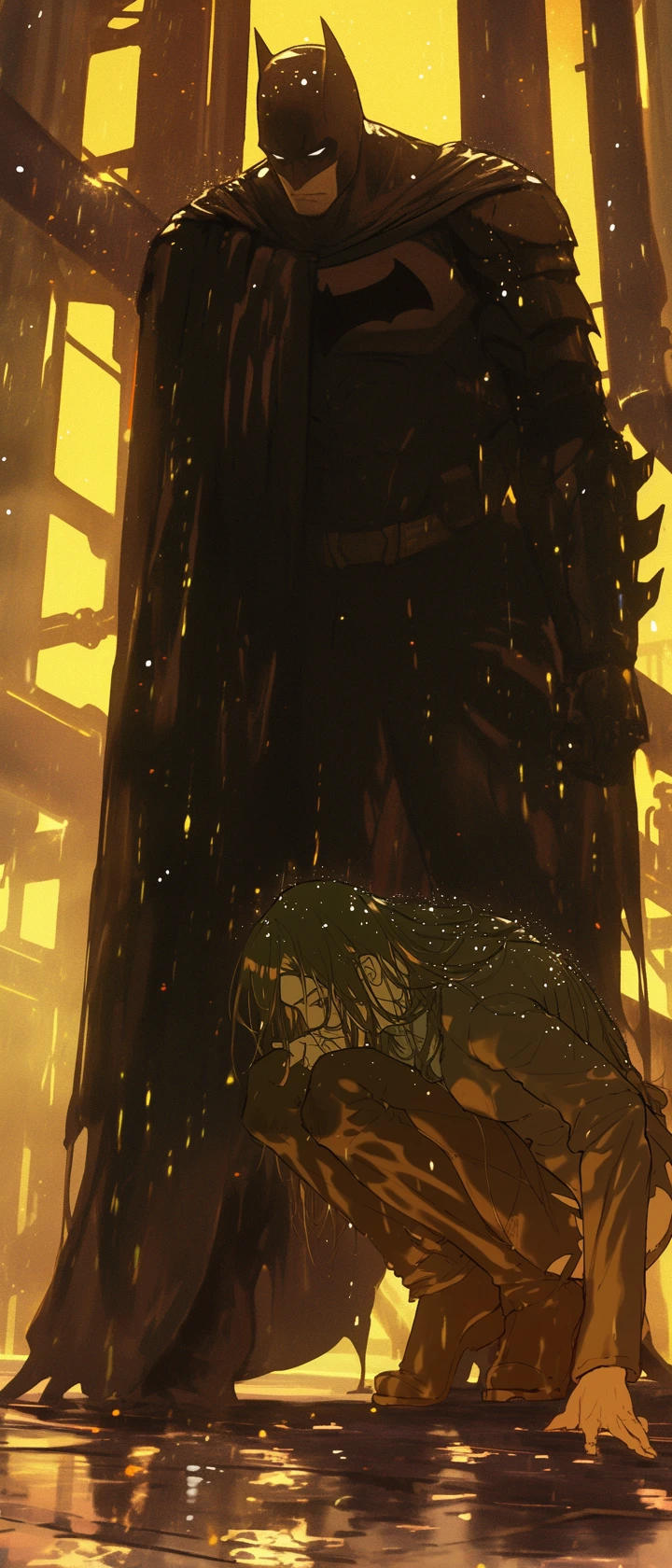 Héros sombre d’anime dominant une figure soumise sous la pluie